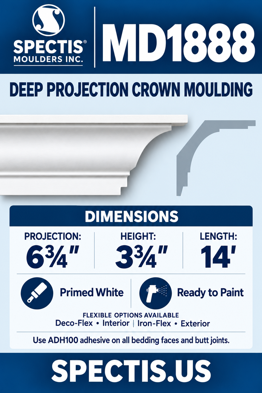 MD1888 deep projection crown moulding section and side profile