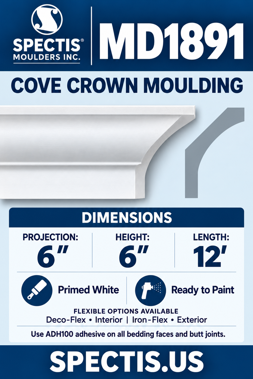 MD1891 cove crown moulding section and side profile