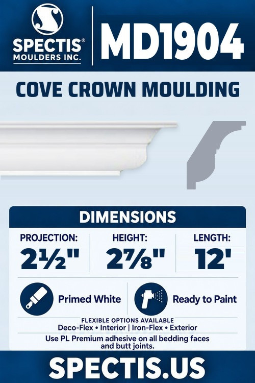 MD1904 cove crown moulding section and side profile