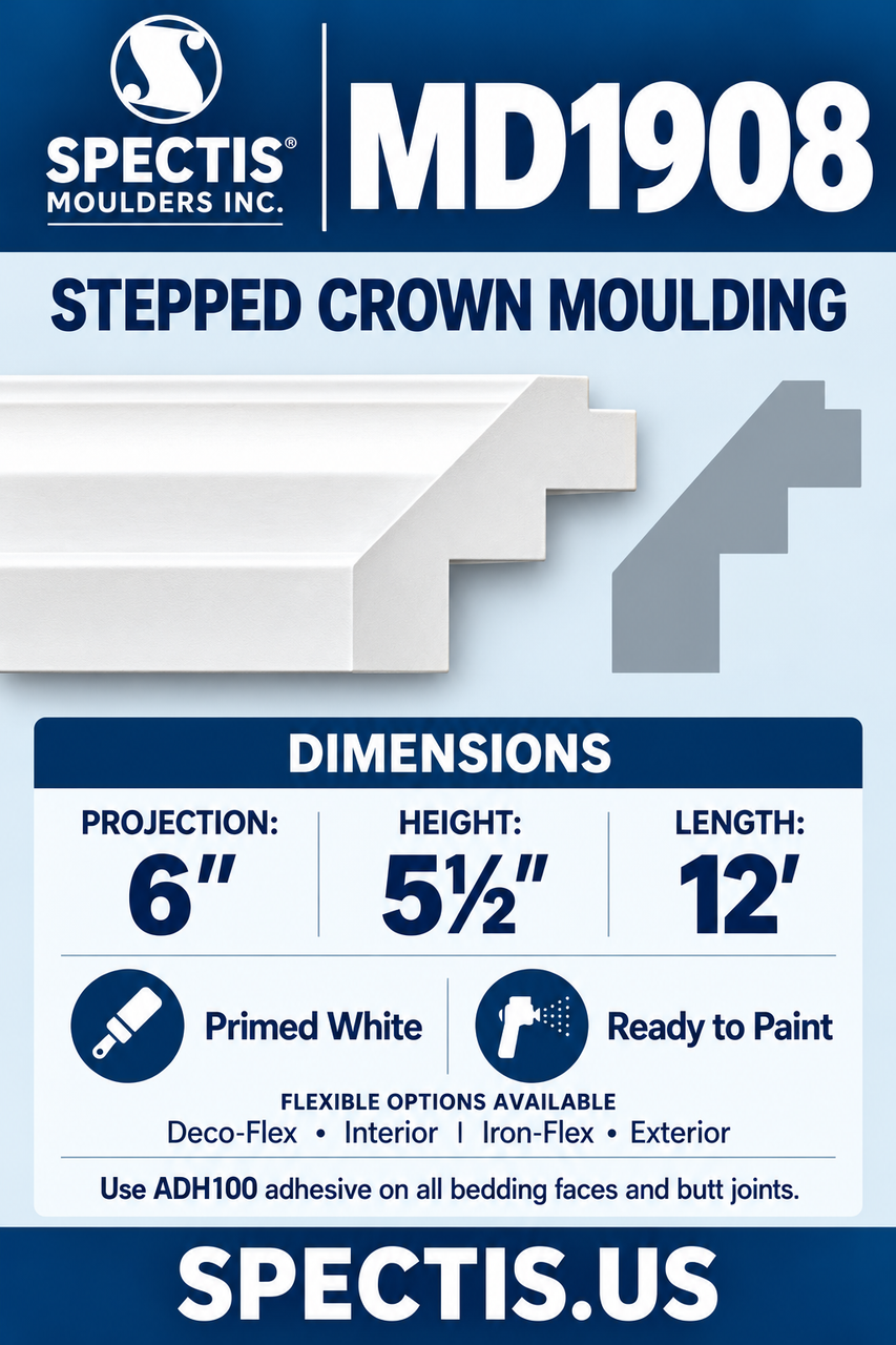 MD1908 stepped crown moulding section and side profile