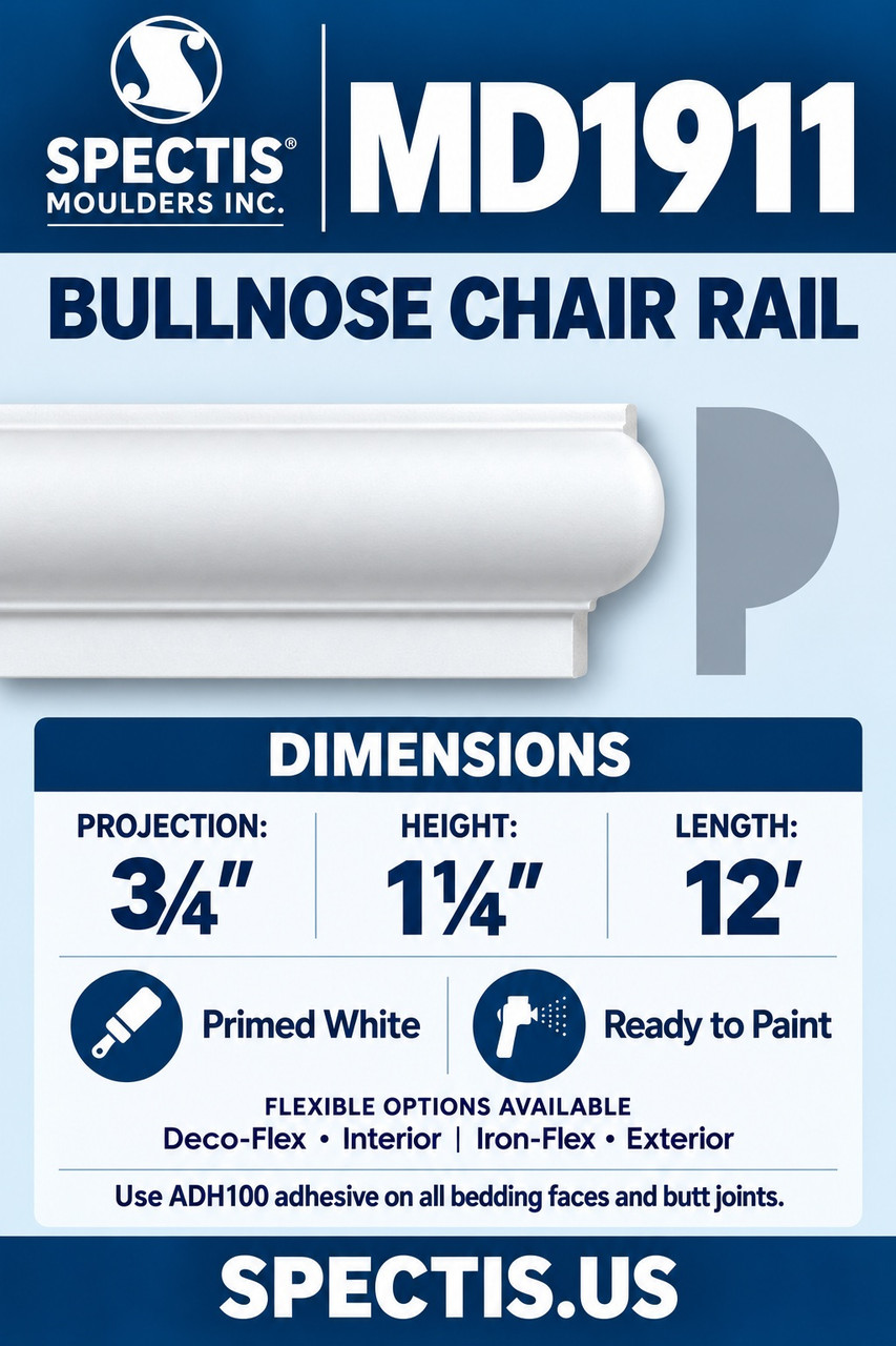 MD1911 bullnose chair rail section and side profile