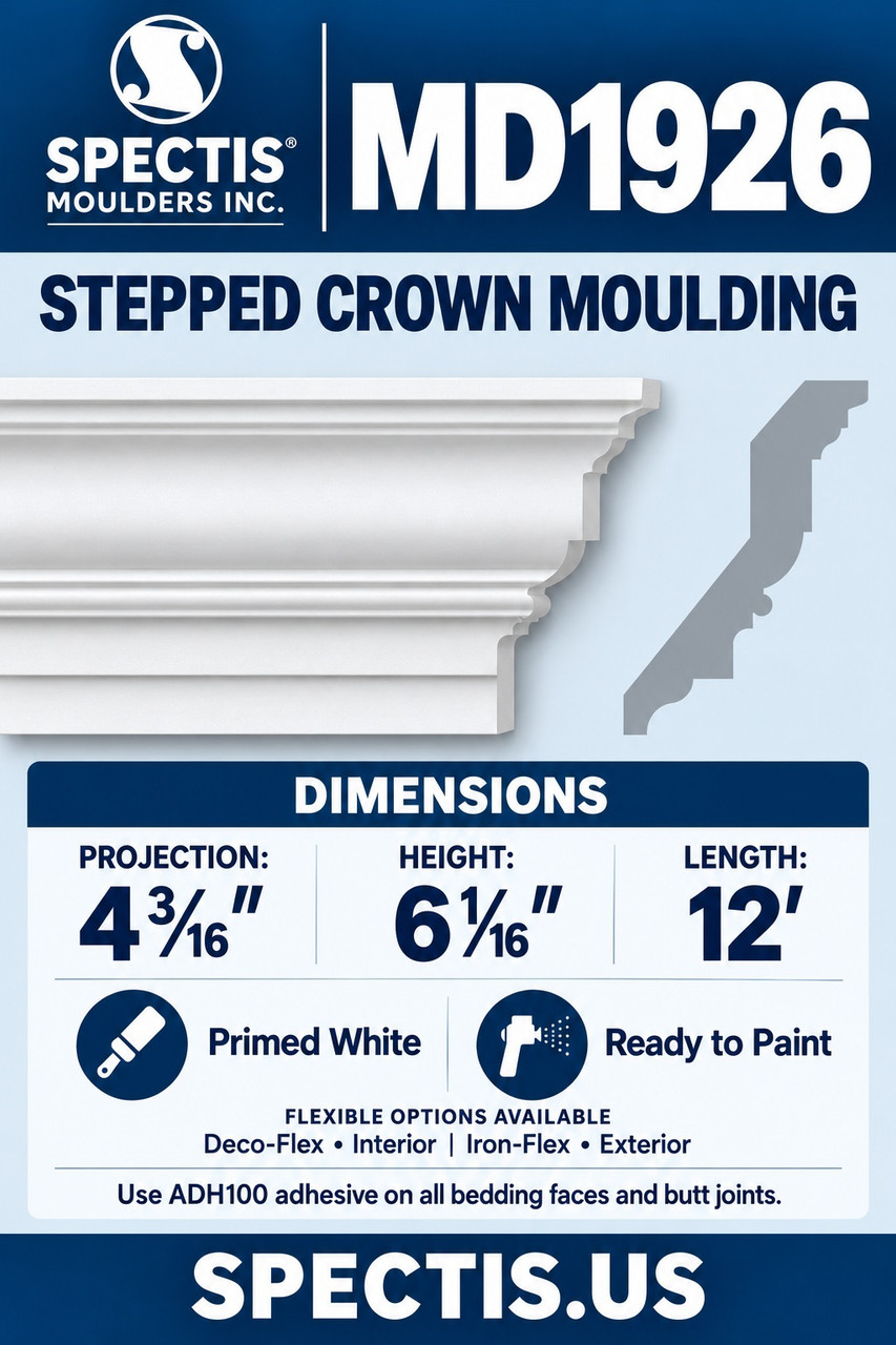MD1926 stepped crown moulding section and side profile