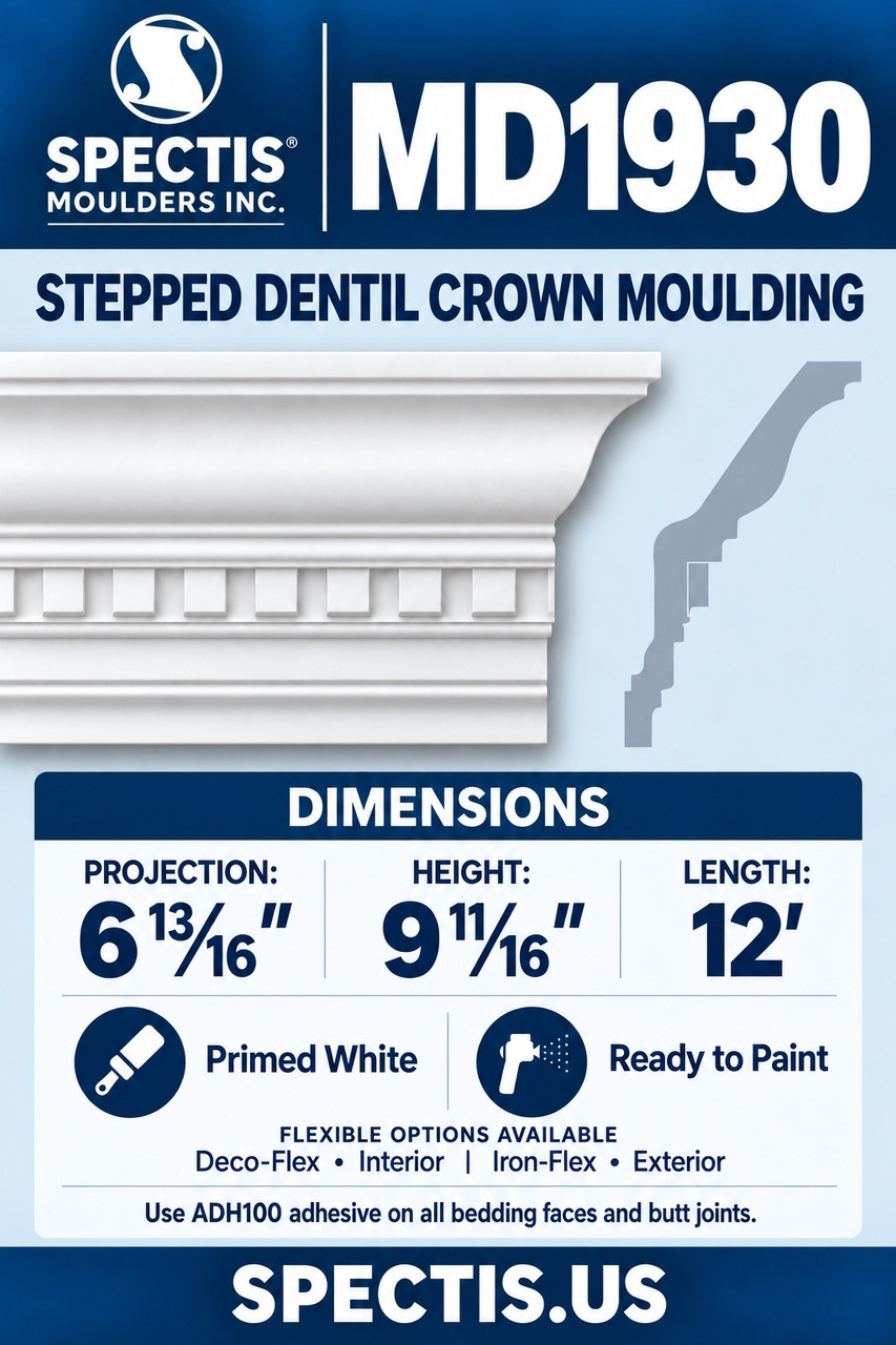 MD1930 stepped dentil crown moulding section and side profile