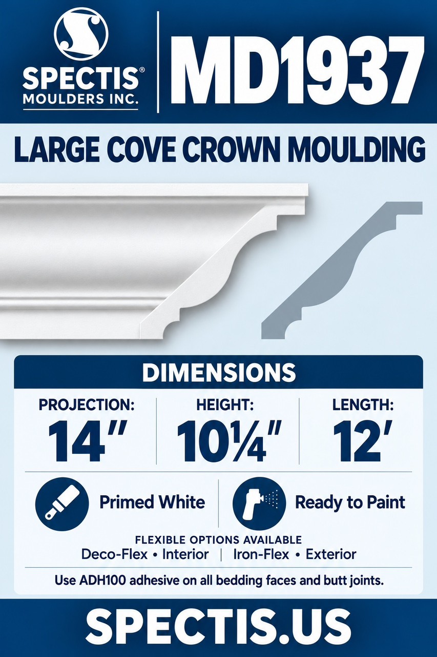 MD1937 large cove crown moulding section and side profile