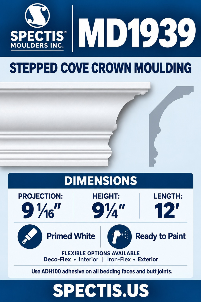 MD1939 stepped cove crown moulding section and side profile