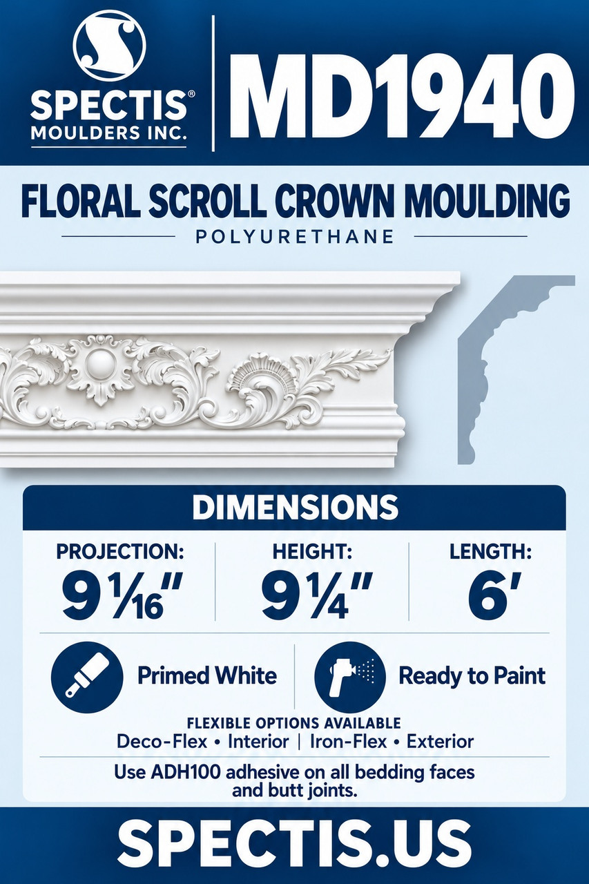 MD1940 floral scroll crown moulding section and side profile