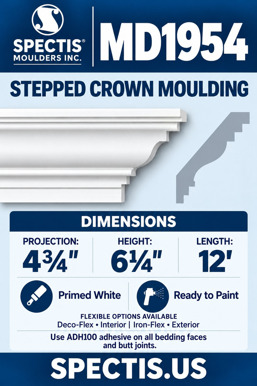 MD1954 stepped crown moulding section and side profile