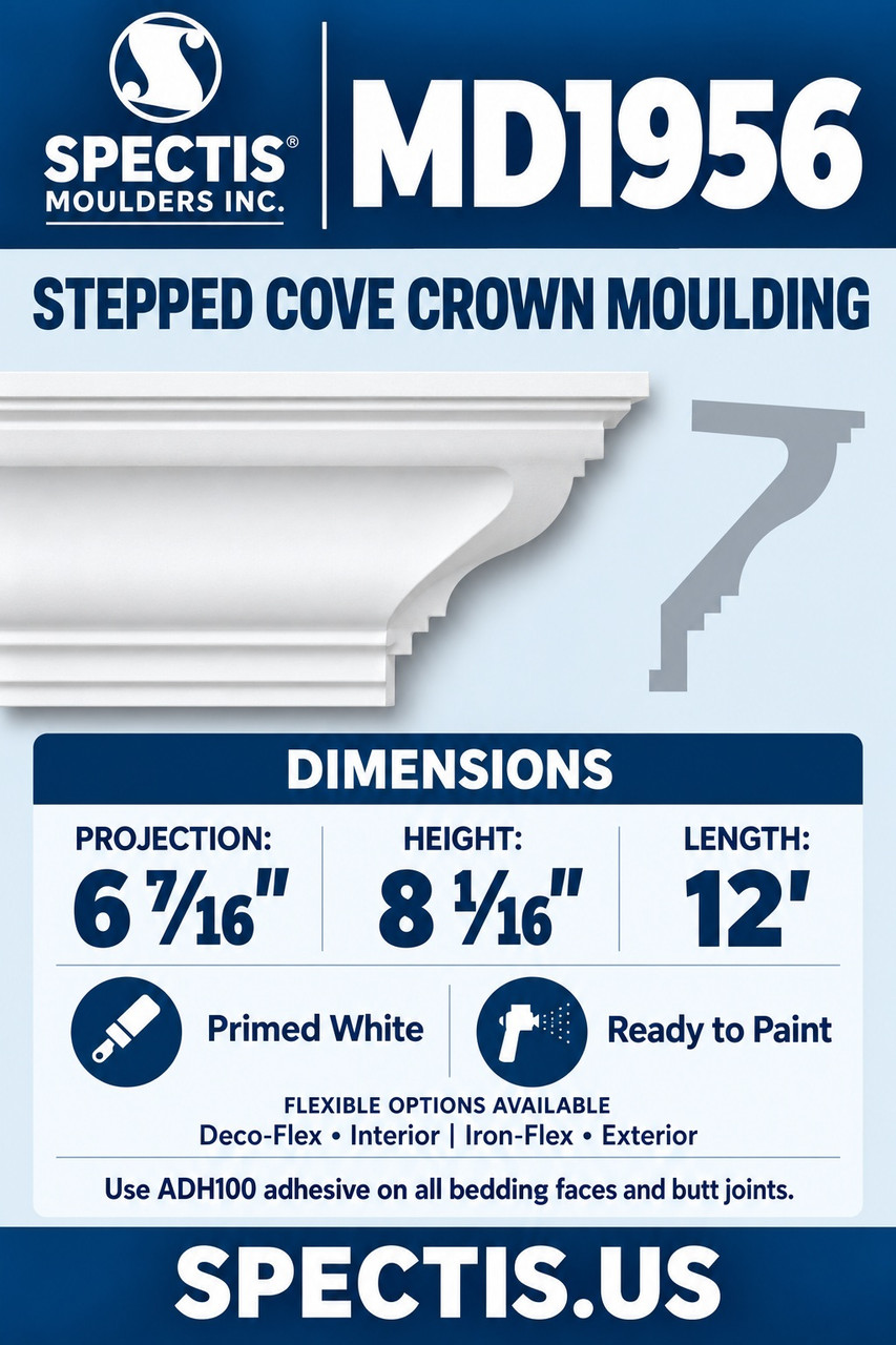 MD1956 stepped cove crown moulding section and side profile
