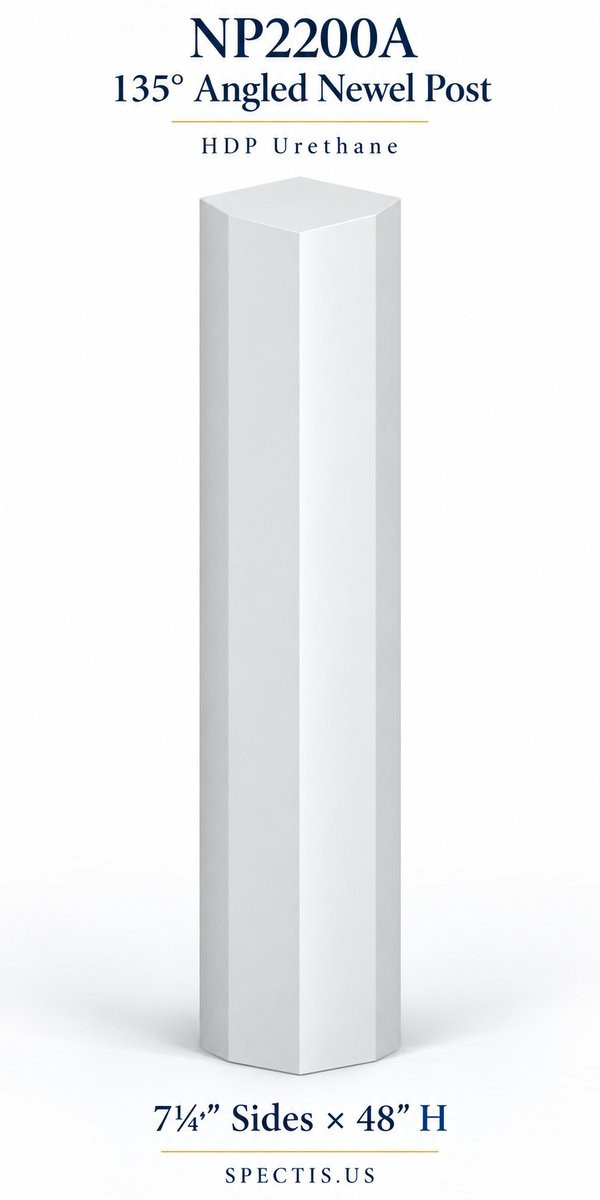 NP2200A 135° Angled Newel Post, 7¼″ sides × 48″ H, with a 135° angle