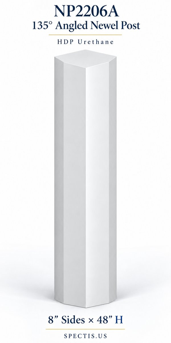 NP2206A 135° Angled Newel Post, 8″ sides × 48″ H, with a 135° angle