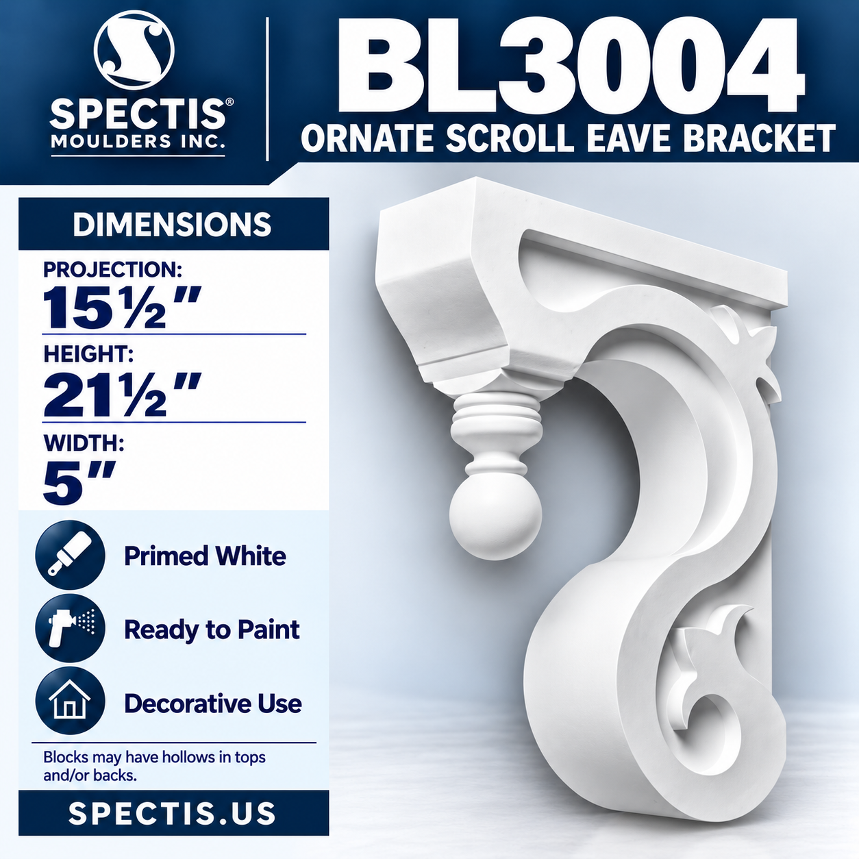BL3004 Ornate Scroll Eave Bracket 5"W x 21.5"H x 15.5"P