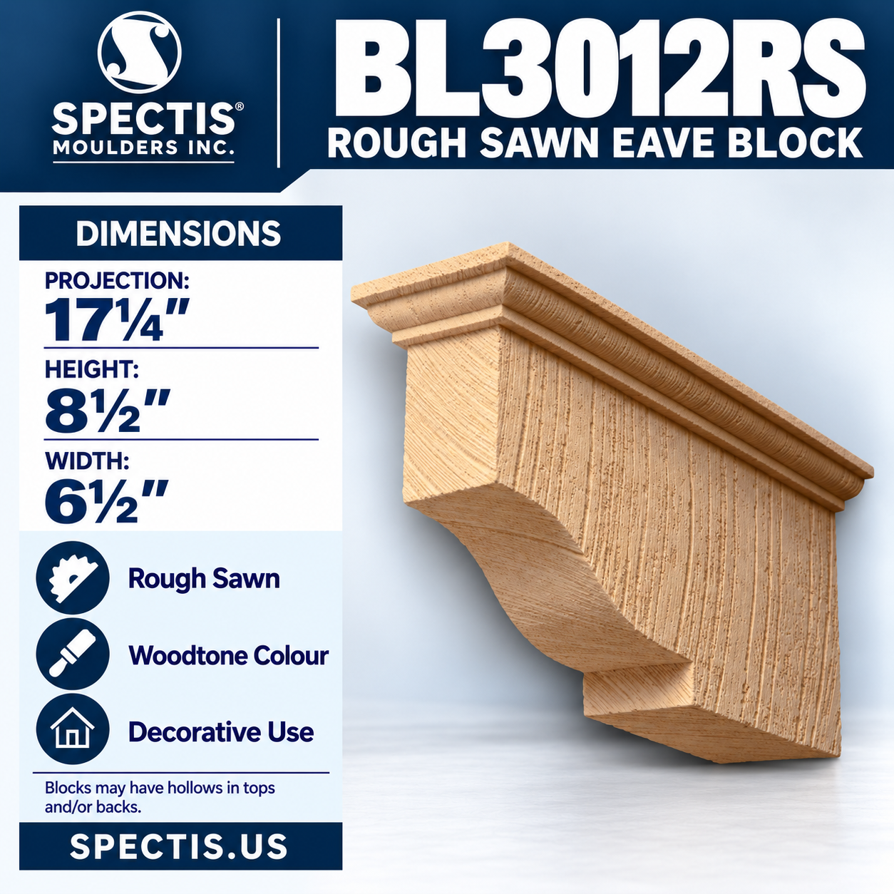 BL3012RS Rough Sawn Eave Block 6.5"W x 8.5"H x 17.25"P