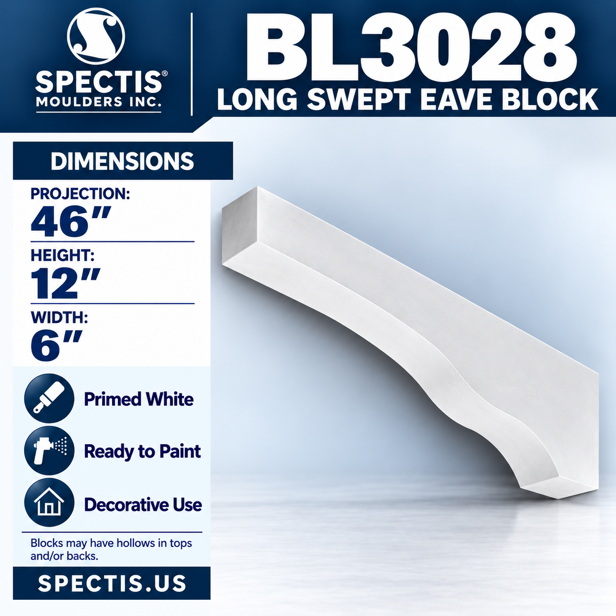 BL3028 Long Swept Eave Block 6"W x 12"H x 46"P