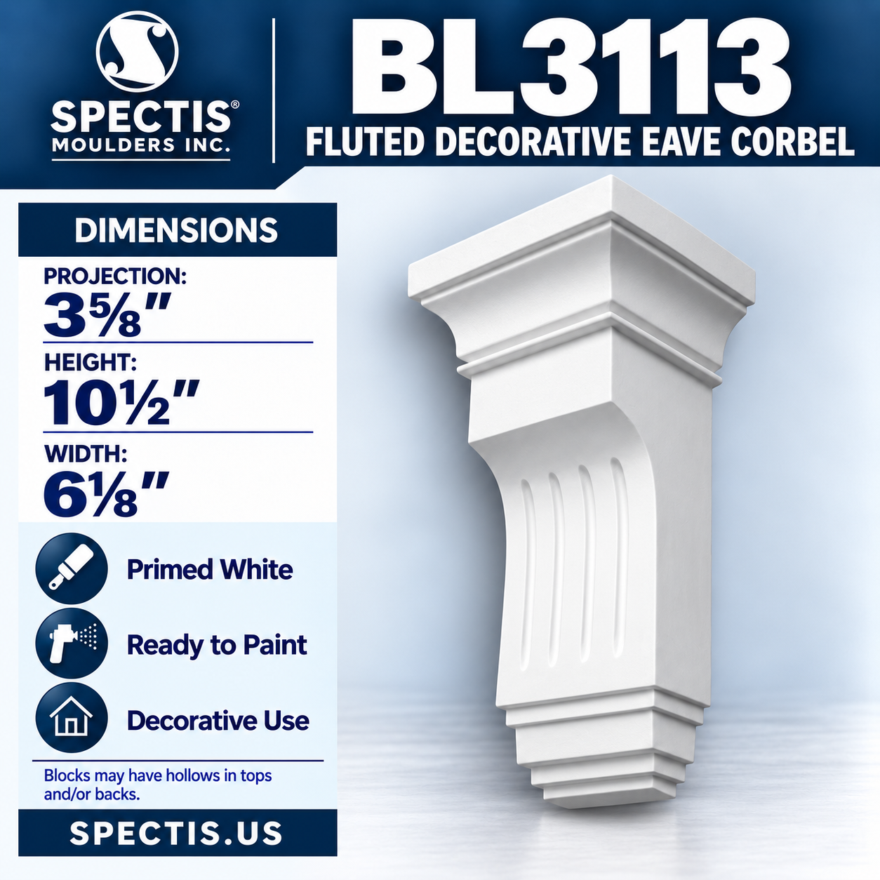 BL3113 Fluted Decorative Eave Corbel 6.125"W x 10.5"H x 3.625"P