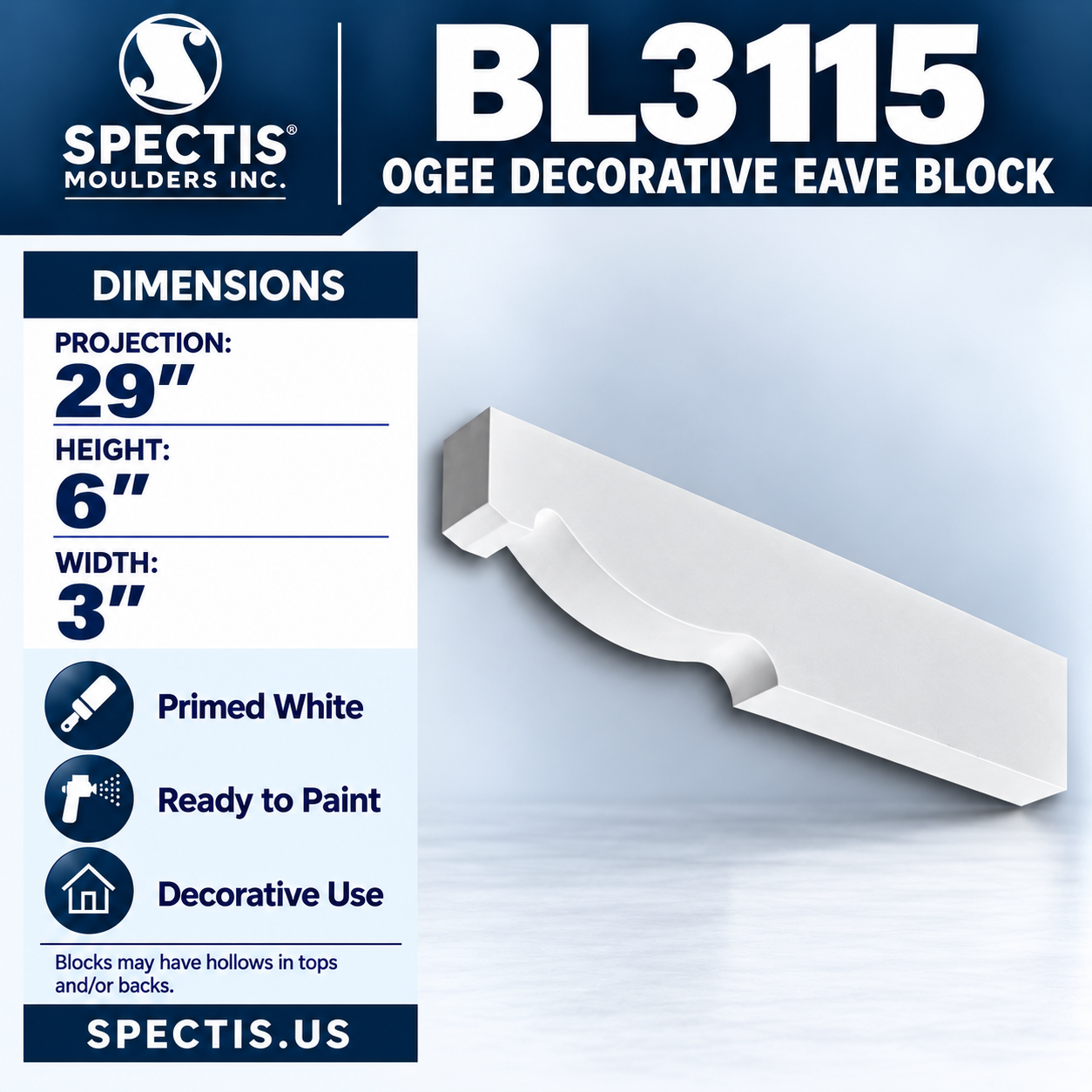 BL3115 Ogee Decorative Eave Block 3"W x 6"H x 29"P
