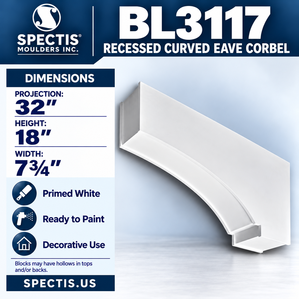 BL3117 Recessed Curved Eave Corbel 7.75"W x 18"H x 32"P