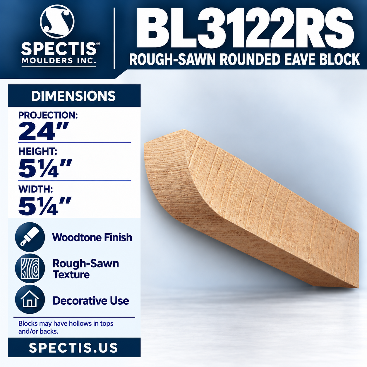 BL3122RS Rough-Sawn Rounded Eave Block 5.25"W x 5.25"H x 24"P