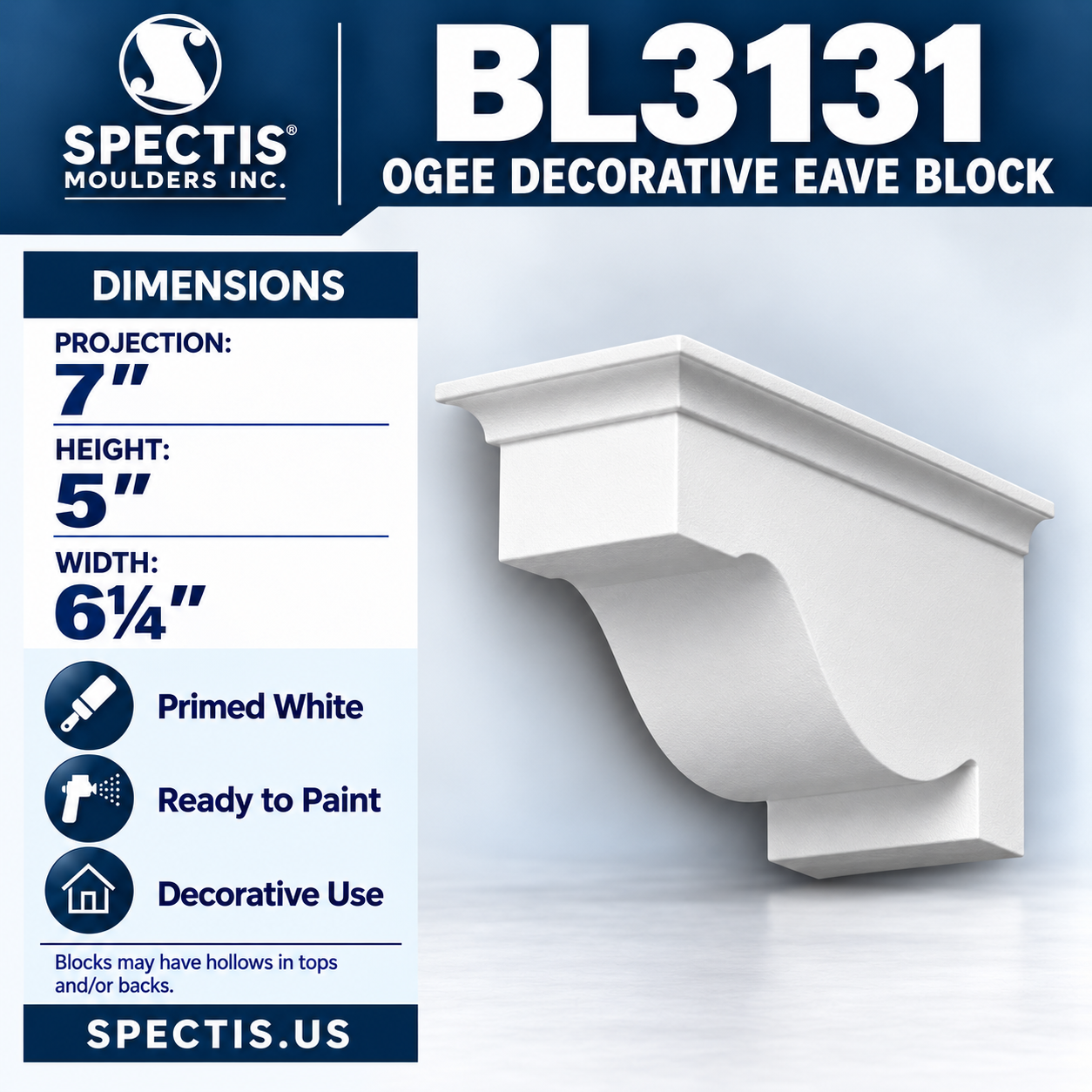 BL3131 Ogee Decorative Eave Block 6.25"W x 5"H x 7"P