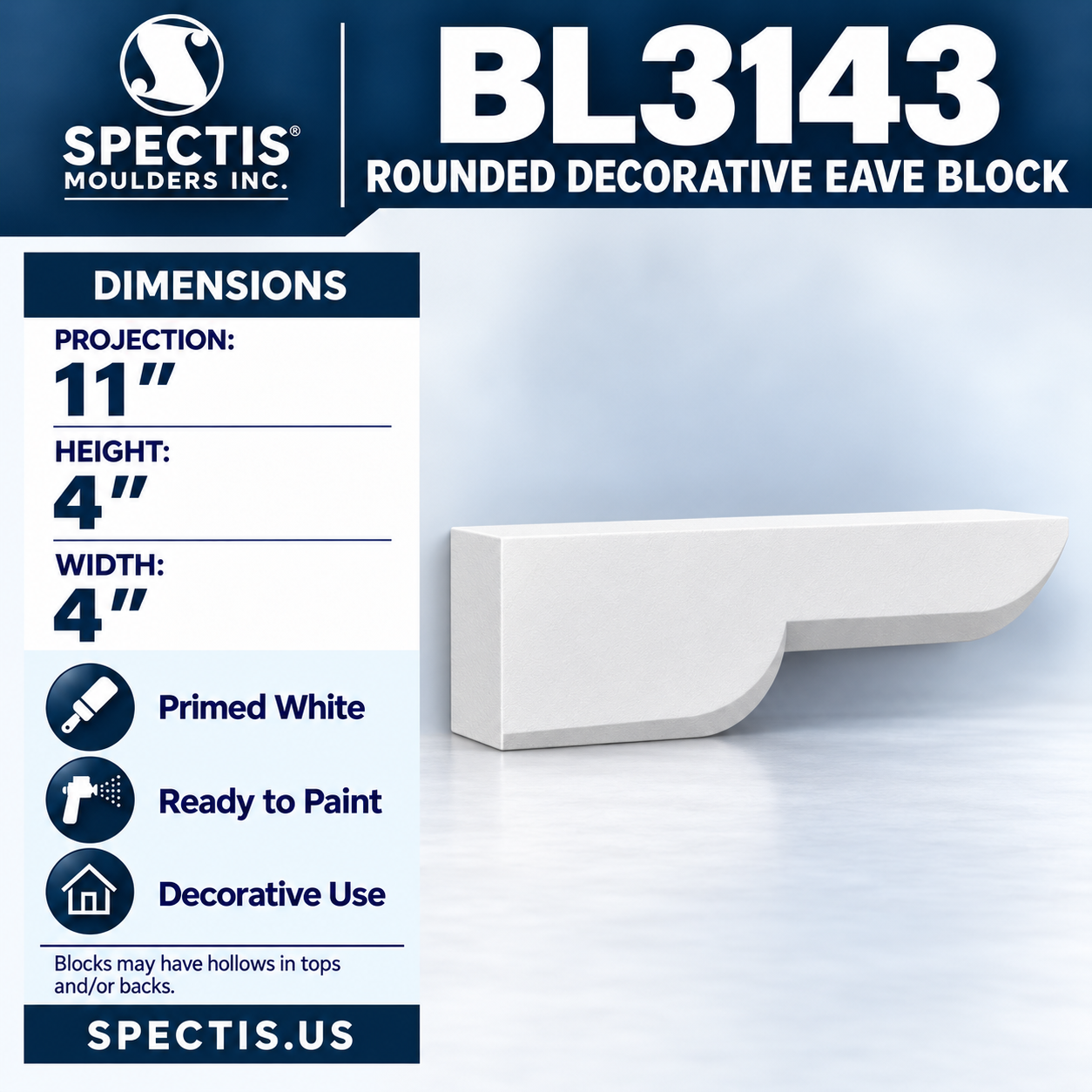 BL3143 Rounded Decorative Eave Block 4"W x 4"H x 11"P
