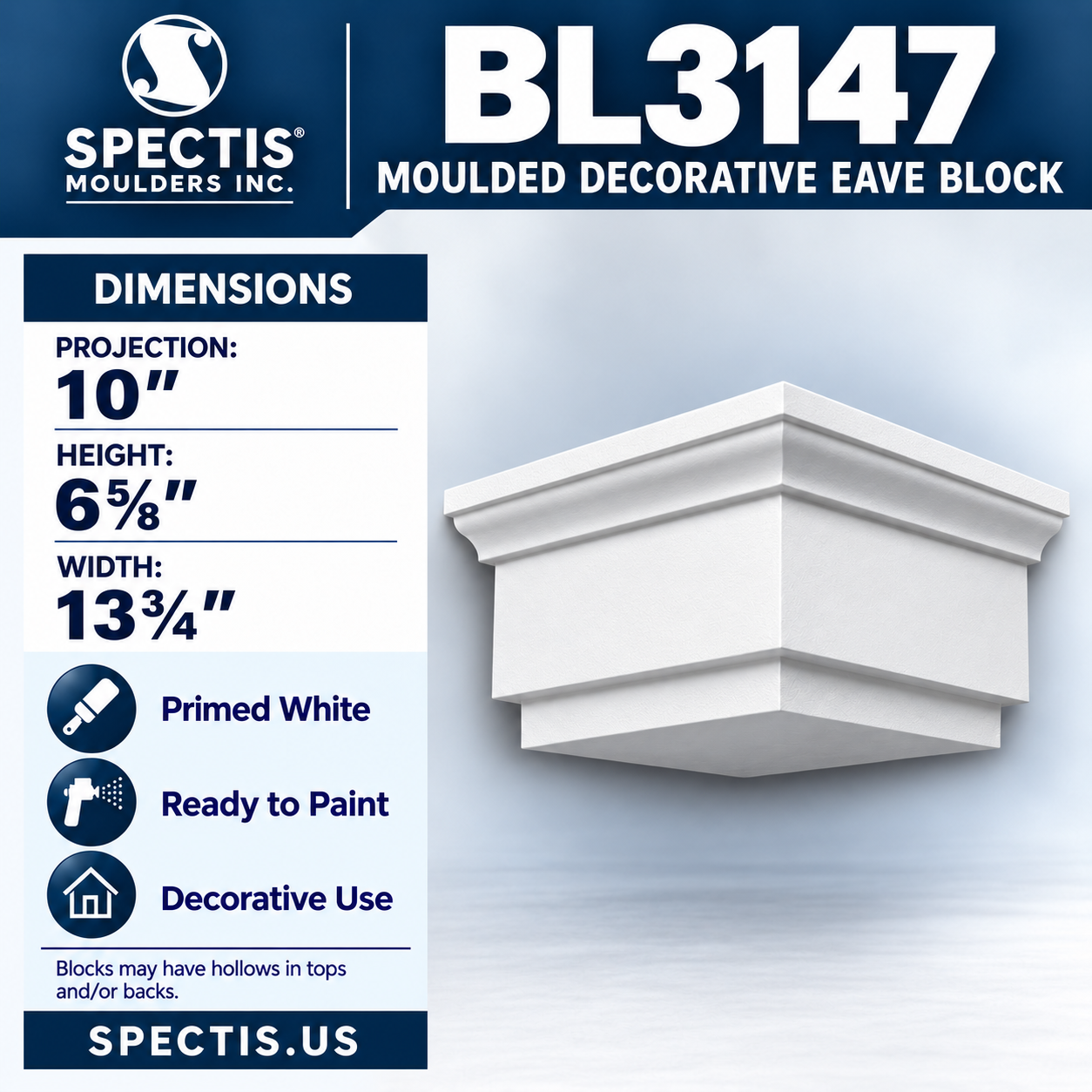BL3147 Moulded Decorative Eave Block 13.75"W x 6.625"H x 10"P