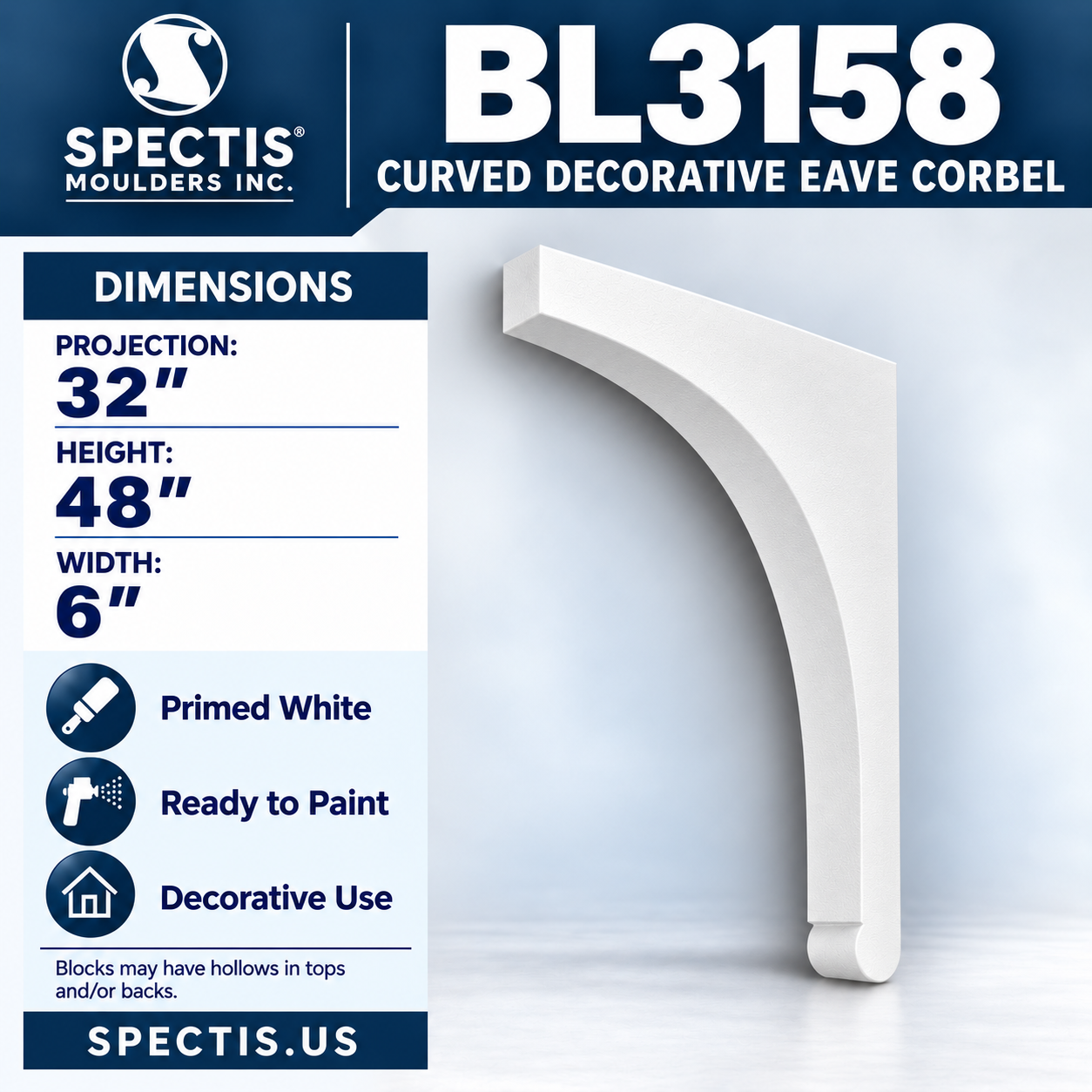 BL3158 Curved Decorative Eave Corbel 6"W x 48"H x 32"P