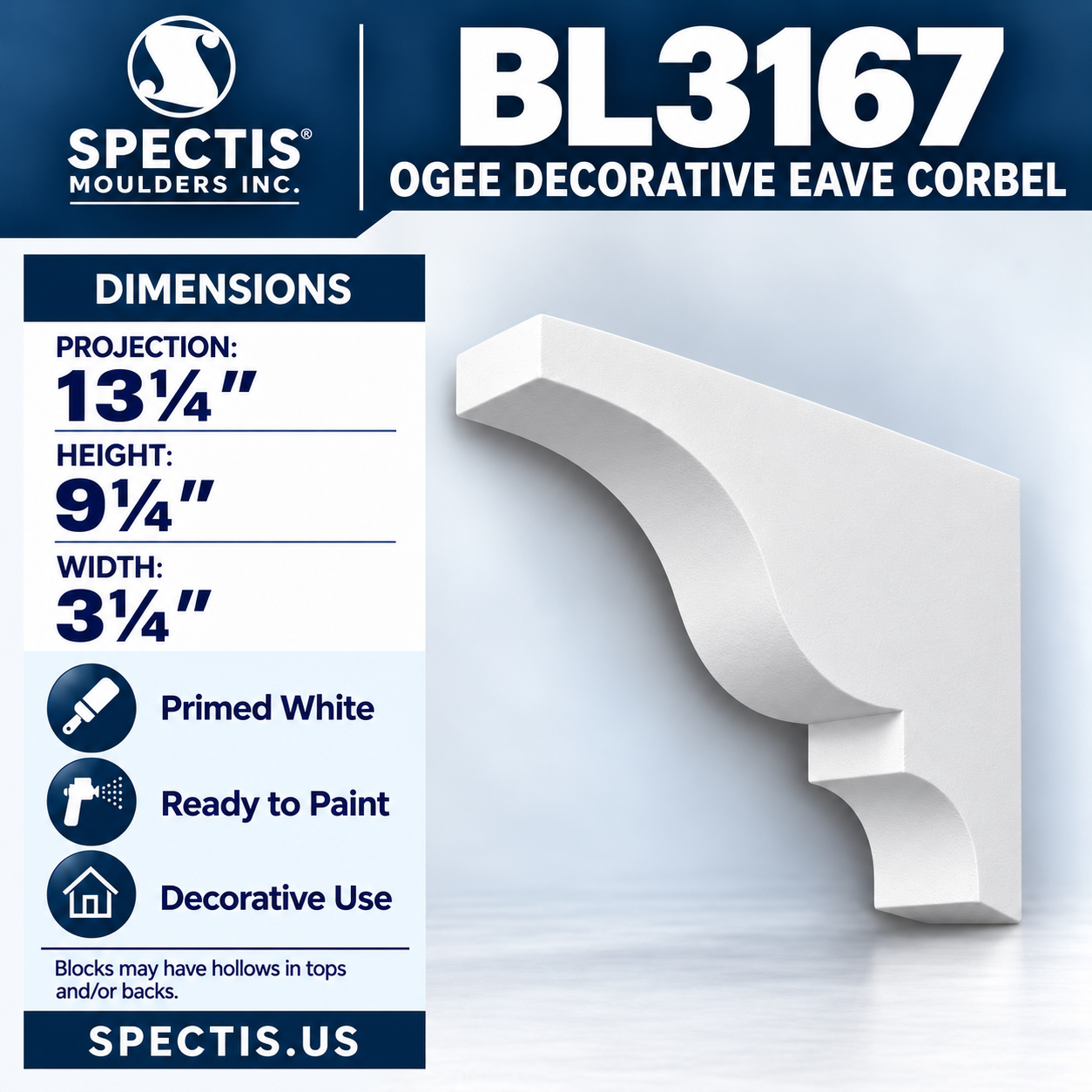 BL3167 Ogee Decorative Eave Corbel 3.25"W x 9.25"H x 13.25"P