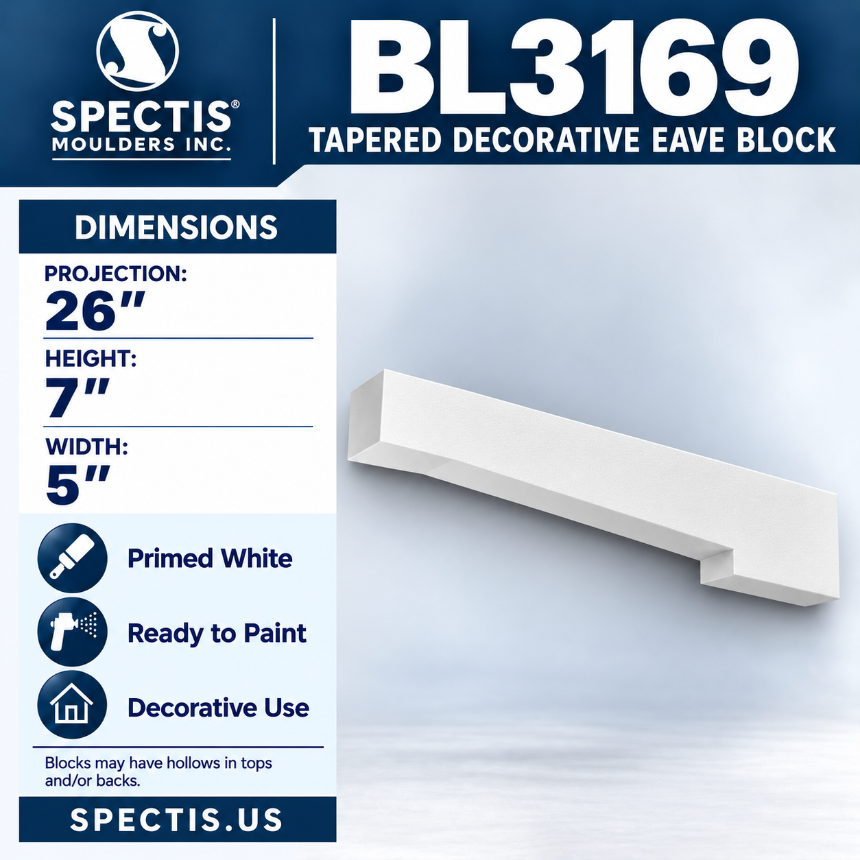 BL3169 Tapered Decorative Eave Block 5"W x 7"H x 26"P