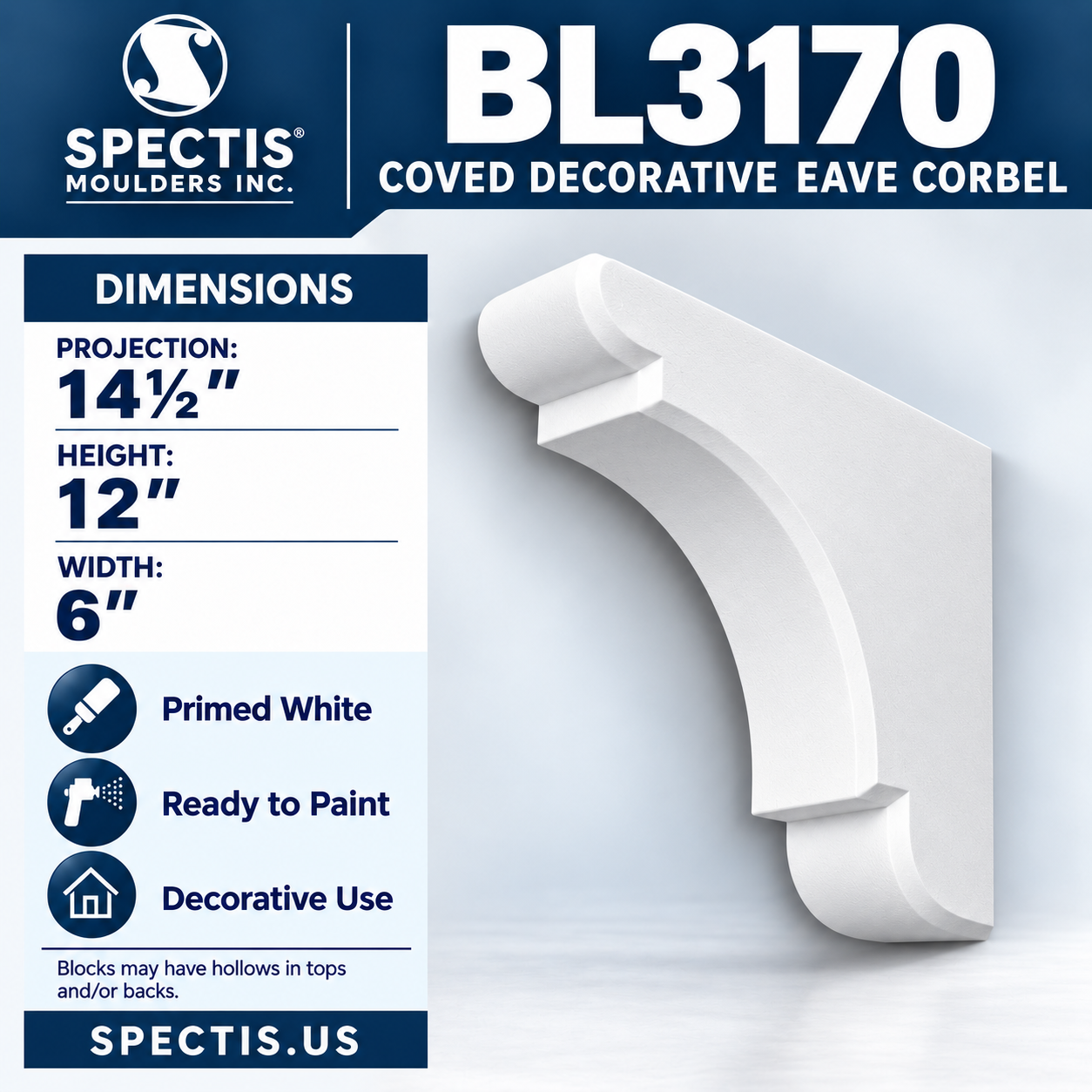 BL3170 Coved Decorative Eave Corbel 6"W x 12"H x 14.5"P