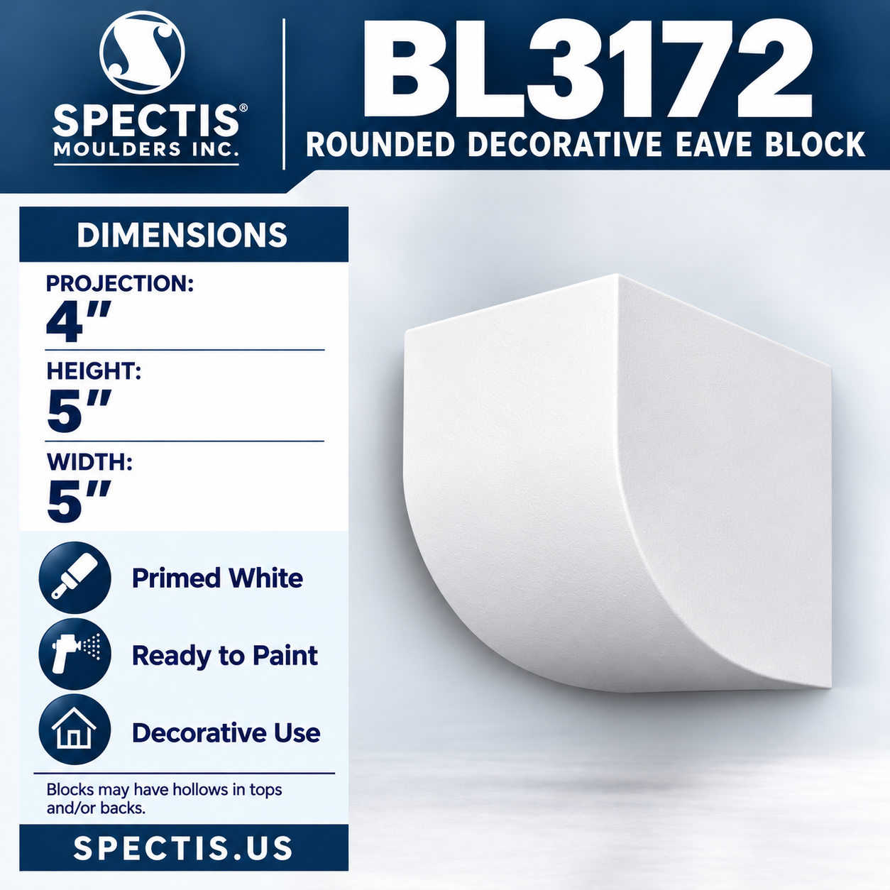 BL3172 Rounded Decorative Eave Block 5"W x 5"H x 4"P