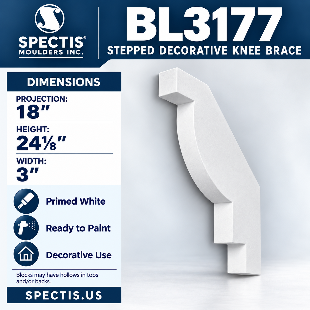 BL3177 Stepped Decorative Knee Brace 3"W x 24.125"H x 18"P