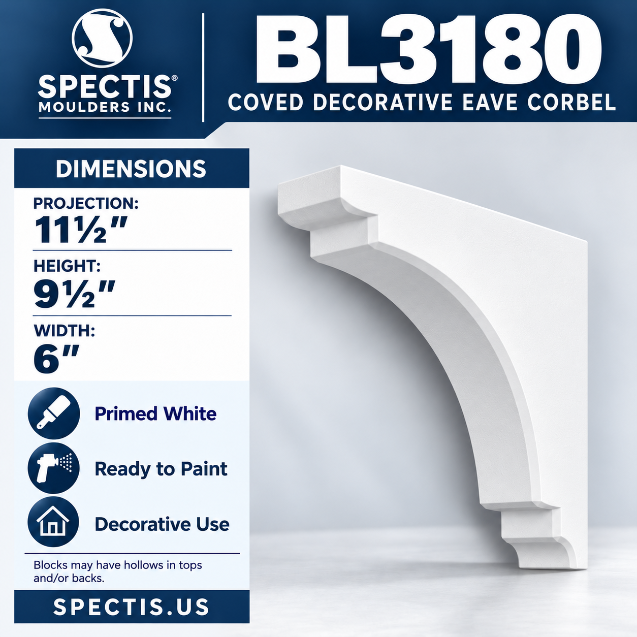 BL3180 Coved Decorative Eave Corbel 6"W x 9.5"H x 11.5"P