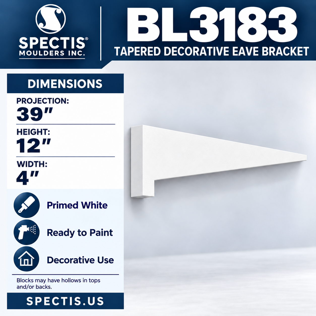 BL3183 Tapered Decorative Eave Bracket 4"W x 12"H x 39"P