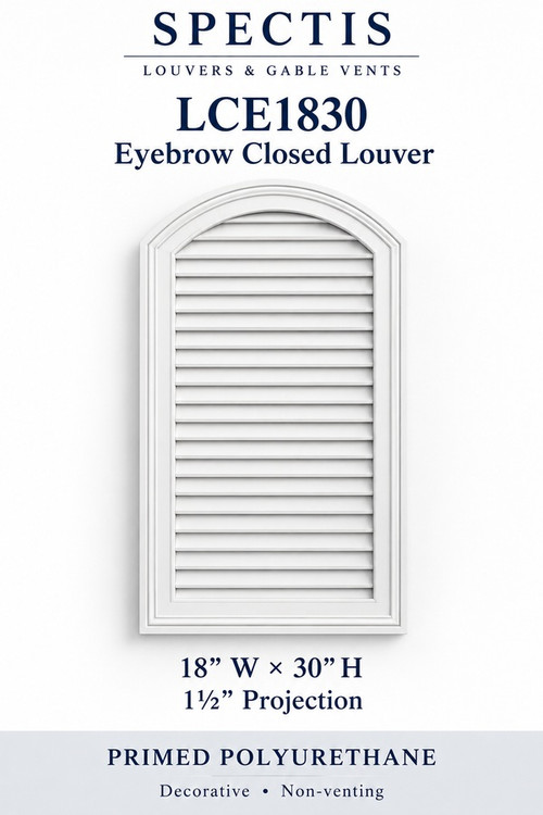 LCE1830 white eyebrow closed louver, 18 inches wide by 30 inches high, decorative and non-venting
