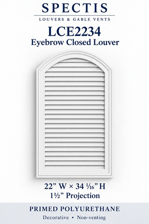 LCE2234 white eyebrow closed louver, 22 inches wide by 34 1/16 inches high, decorative and non-venting