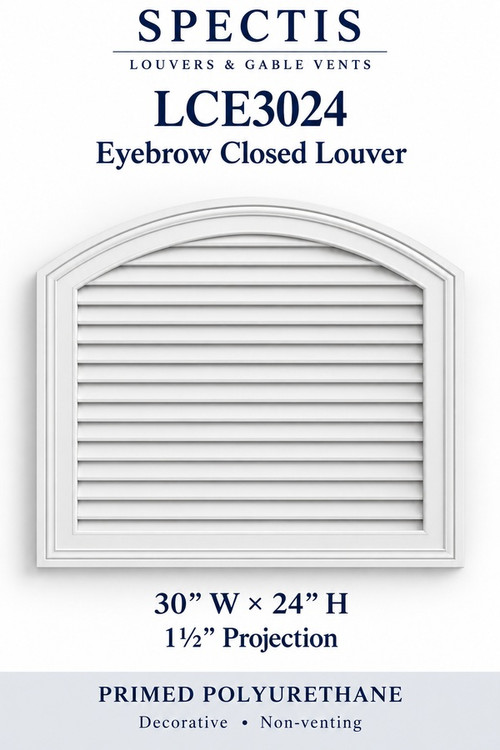 LCE3024 white eyebrow closed louver, 30 inches wide by 24 inches high, decorative and non-venting