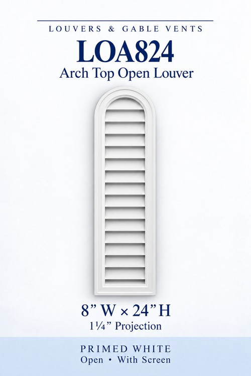 LOA824 Arch Top Open Louver Vent, 8″ wide × 24″ high × 1 1/4″ projection