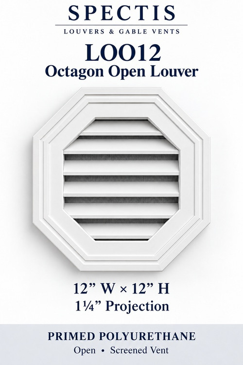LOO12 Octagon Open Louver, 12 inches wide by 12 inches high, screened vent