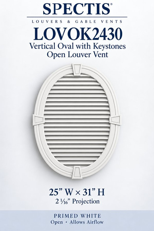 LOVOK2430 Vertical Oval with Keystones Open Louver Vent, 25″ wide × 31″ high × 2 1/16″ projection