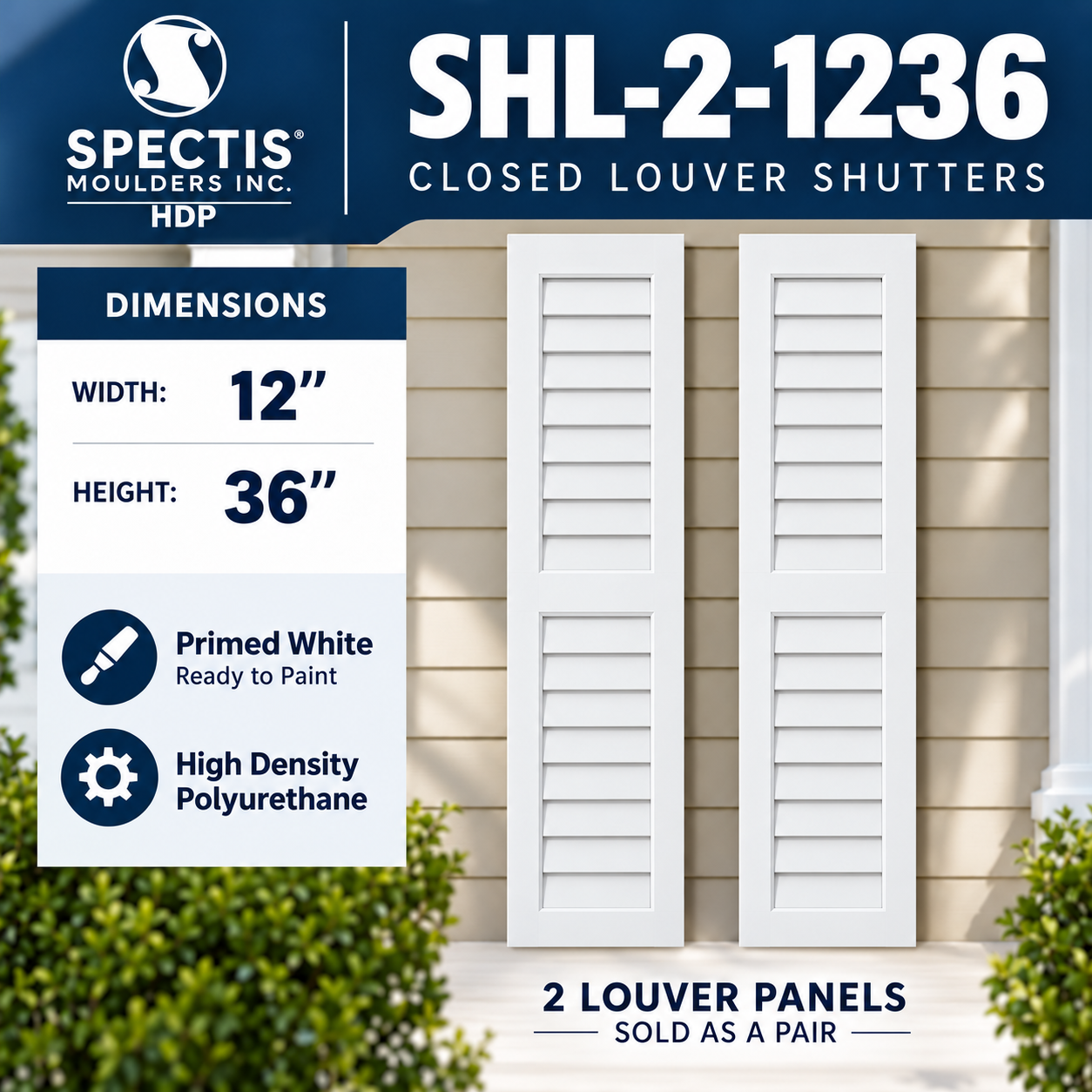 SHL-2 1236 2 Panel Closed Louver Polyurethane Shutters - 12 x 36 (Pair)