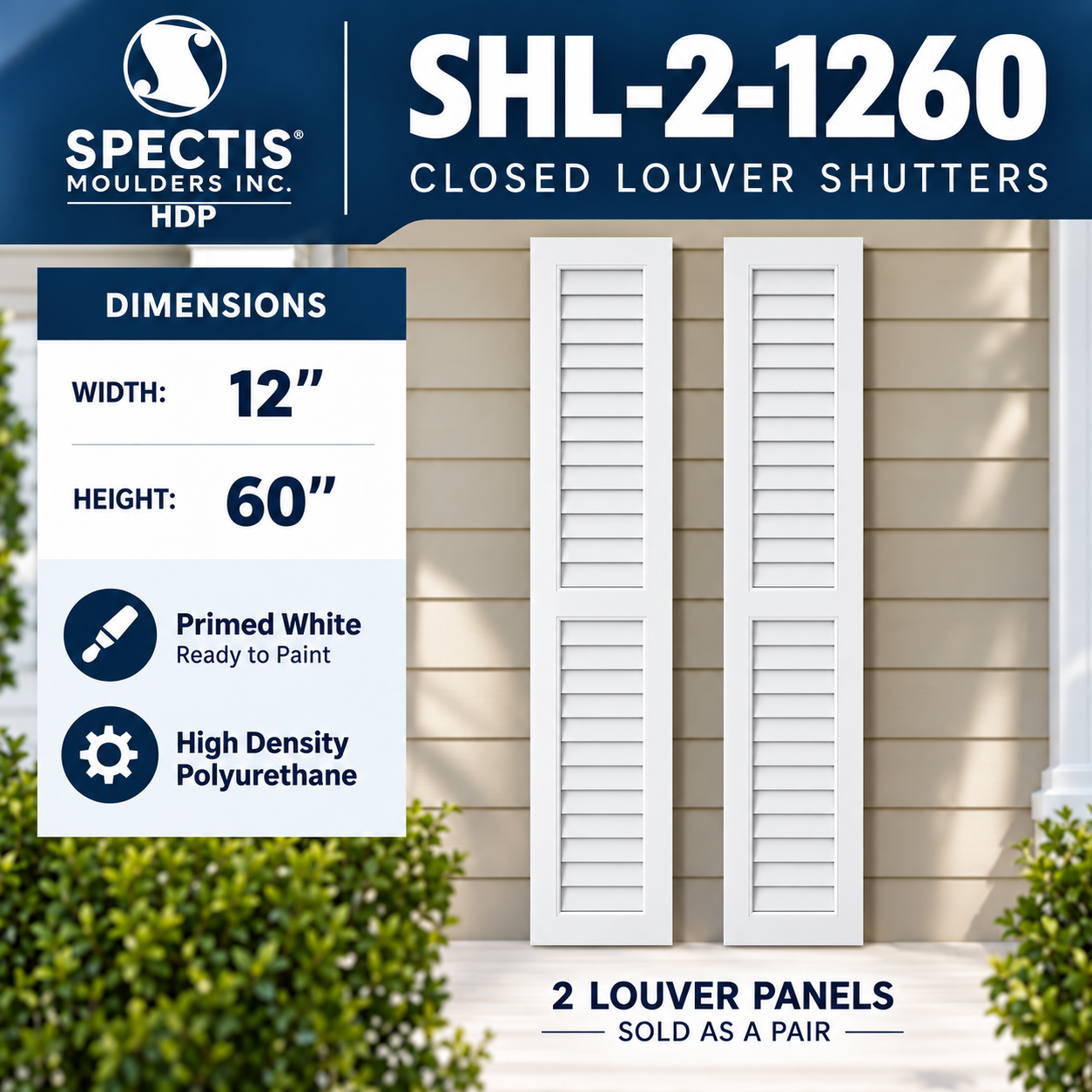 SHL-2 1260 2 Panel Closed Louver Polyurethane Shutters - 12 x 60 (Pair)