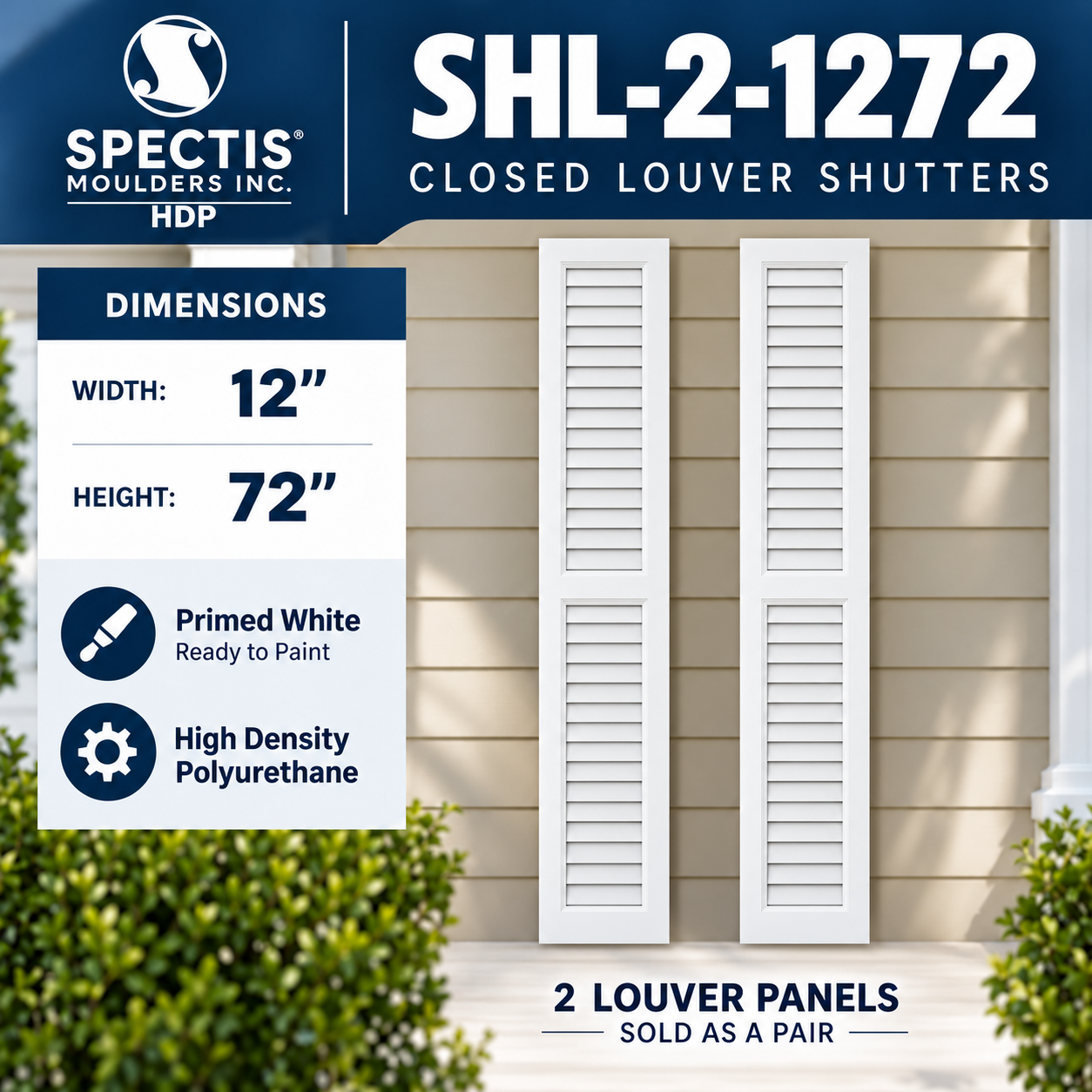 SHL-2 1272 2 Panel Closed Louver Polyurethane Shutters - 12 x 72 (Pair)