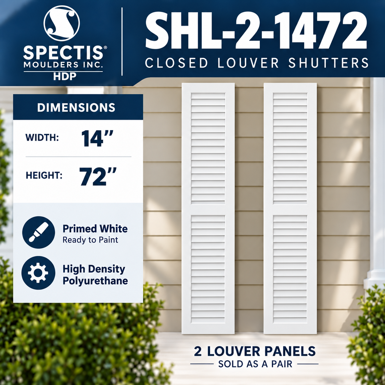 SHL-2 1472 2 Panel Closed Louver Polyurethane Shutters - 14 x 72 (Pair)