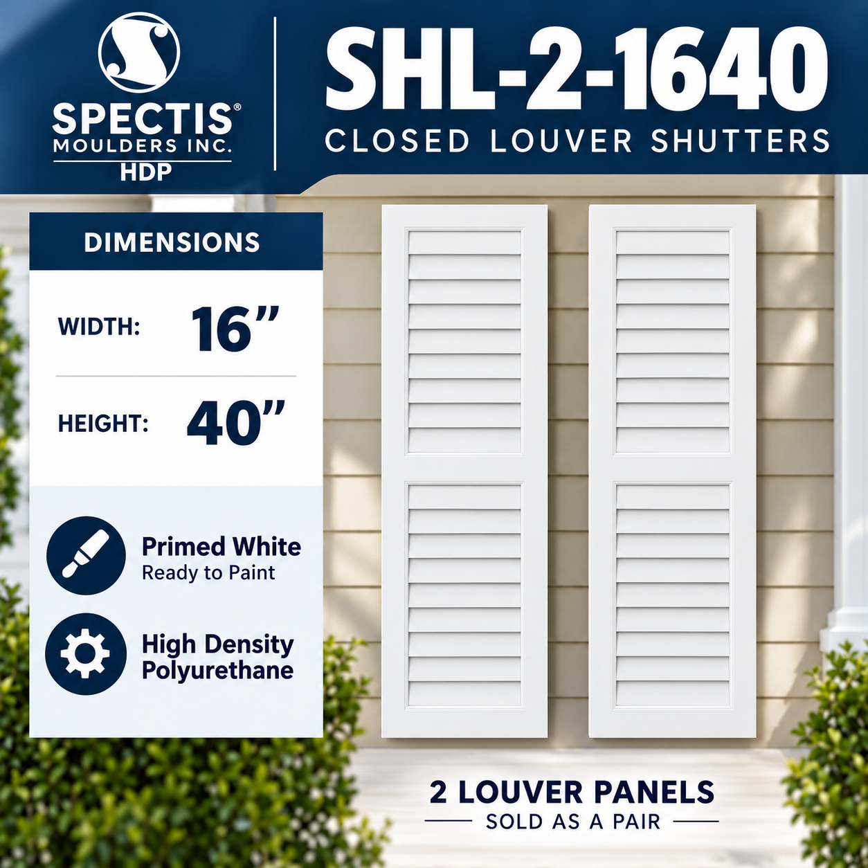 SHL-2 1640 2 Panel Closed Louver Polyurethane Shutters - 16 x 40 (Pair)