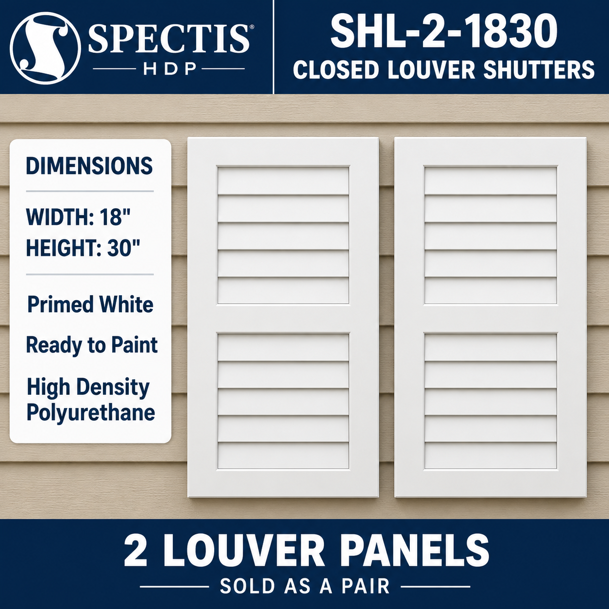 SHL-2 1830 2 Panel Closed Louver Polyurethane Shutters - 18 x 30 (Pair)