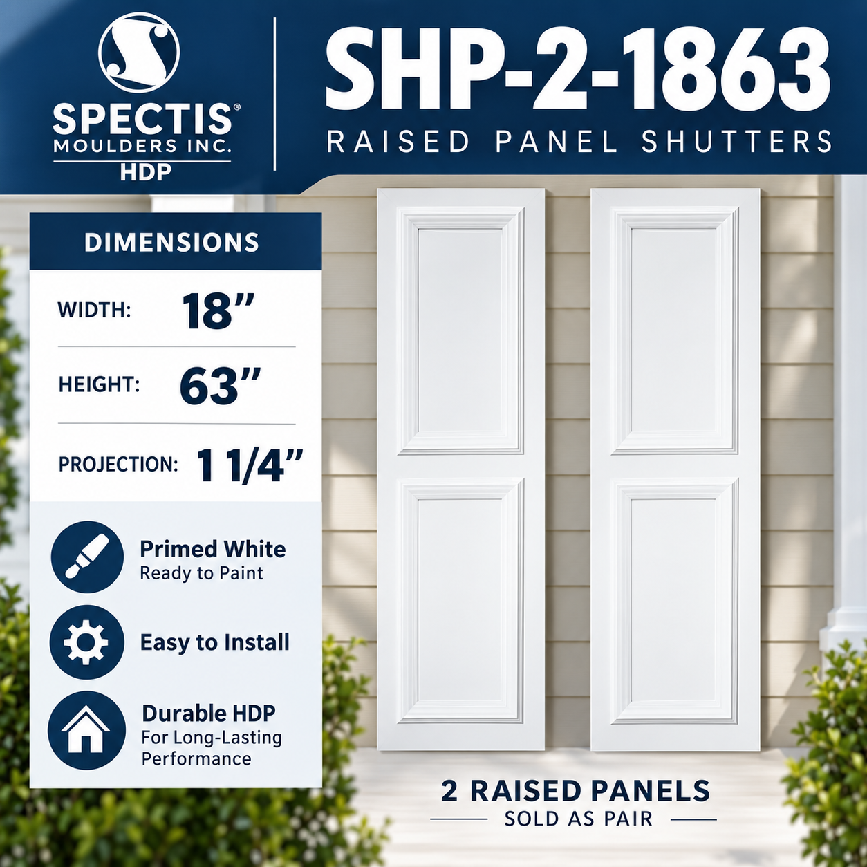 SHP-2 1863 two raised panel shutter pair with dimensions, 18 in wide by 63 in tall