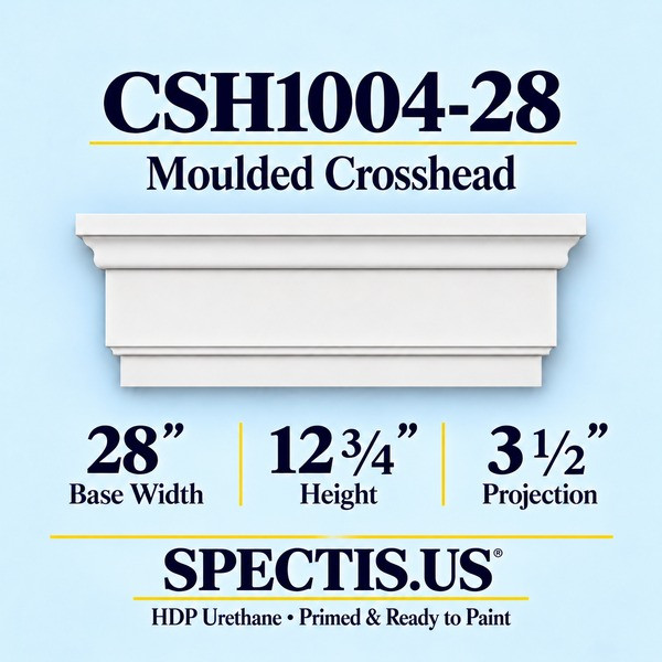 CSH1004-28 Moulded Window & Door Crosshead in primed HDP urethane, 28 inch base width × 12 3/4 inch height × 3 1/2 inch projection