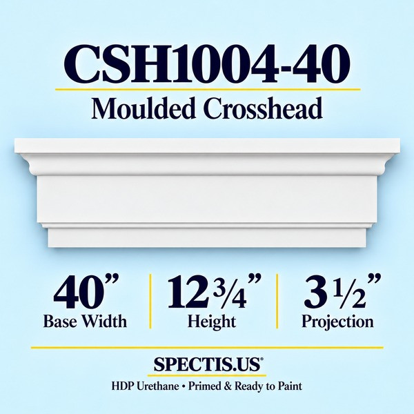 CSH1004-40 Moulded Window & Door Crosshead in primed HDP urethane, 40 inch base width × 12 3/4 inch height × 3 1/2 inch projection