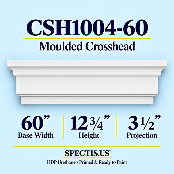 CSH1004-60 Moulded Window & Door Crosshead in primed HDP urethane, 60 inch base width × 12 3/4 inch height × 3 1/2 inch projection