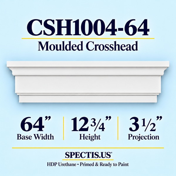 CSH1004-64 Moulded Window & Door Crosshead in primed HDP urethane, 64 inch base width × 12 3/4 inch height × 3 1/2 inch projection