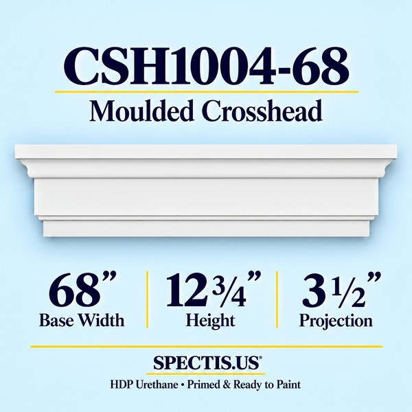 CSH1004-68 Moulded Window & Door Crosshead in primed HDP urethane, 68 inch base width × 12 3/4 inch height × 3 1/2 inch projection
